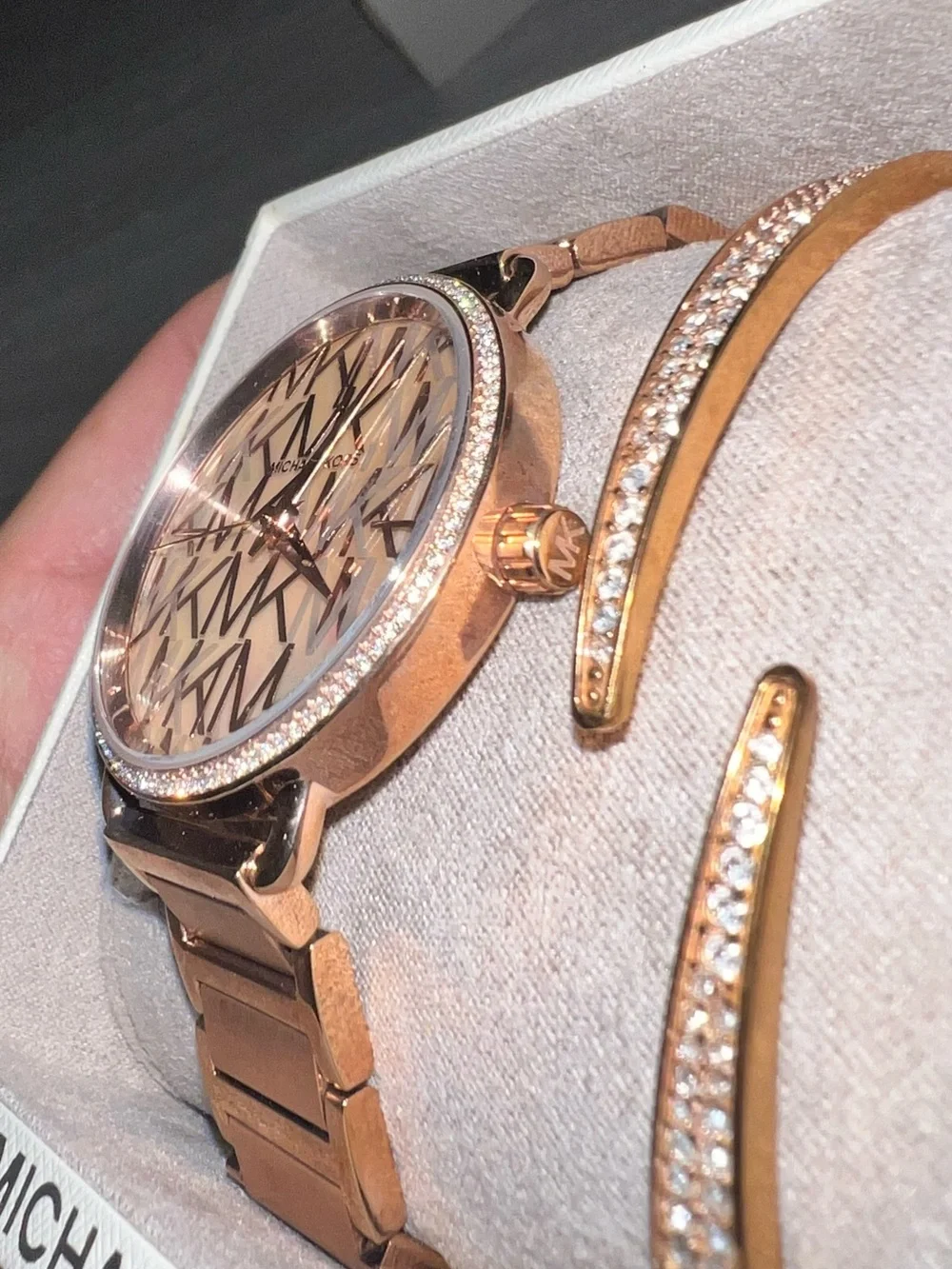 Michael Kors Rose Gold Logo Pattern Watch with Matching Bangle Set